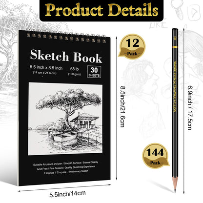 Humyoun 24 Pcs Top Spiral Bound Sketch Pad with Drawing Pencils Set, 5.5 x 8.5 Inch Sketchbook, 68lb(100gsm) Thick Paper, Charcoal & Graphite Pencils (12B-4H) for Shading, Artists & Beginners