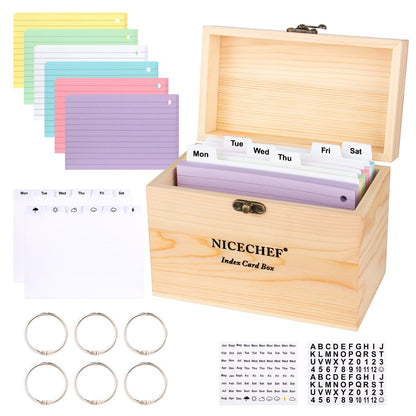 NICECHEF Index Card Holder 4x6, Wooden Recipe Box with 300 PCS Flash Cards Card Organizer,12 White Dividers, 6 Metal Rings, 2 Sticker, for Office, Business, Flashcard Notecard Holders for Home Office