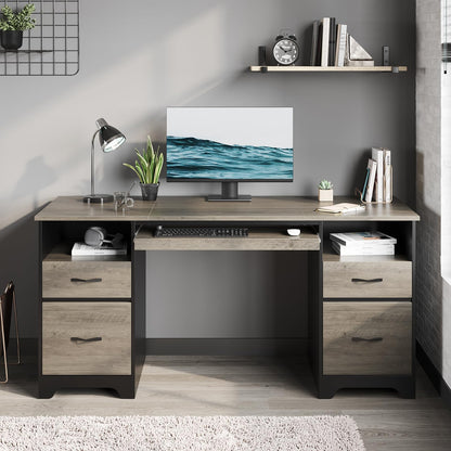 Bestier 59 Inch Office Desk with 4 Drawers, Computer Desk with Storage, Executive Desk with File Drawer, Keyboard Tray & 2 Pedestals on Both Sides for Home Office, Studio, Grey&Black