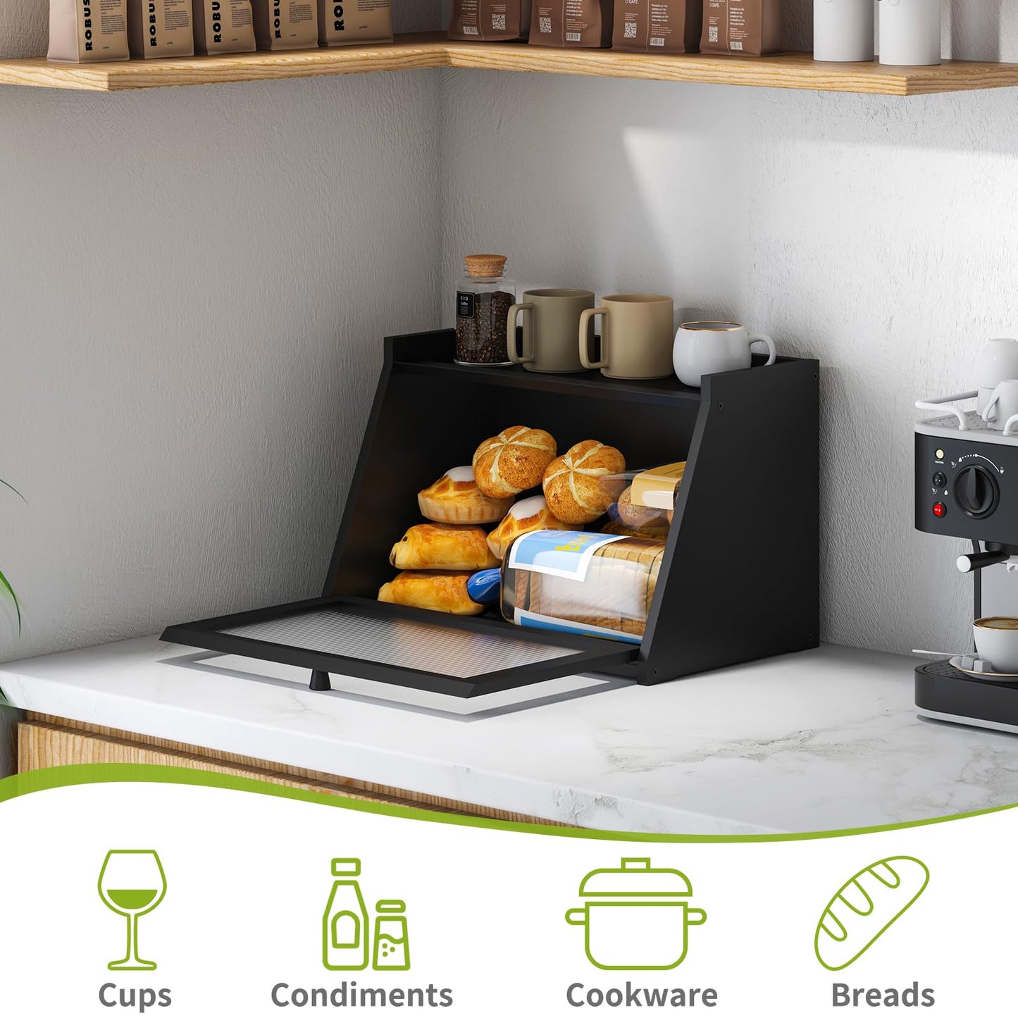 BMOSU Bread Box for Kitchen Countertop Large Capacity Corner Bread Box Farmhouse Bread Container Bread Storage Bread Holder (Black, Large)