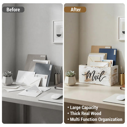 MyGift Mail Holder Storage Organizer Box Whitewashed Wood with MAIL Script Design, Desktop Letters, Bills, Notes and Postcard Bin for Home Office Dorm Room