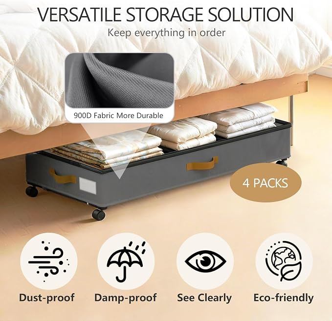 Under Bed Storage with Wheels 2-Pack, 75L XXL Under the Bed Storage Containers Large, 12" Tall Adjustable Storage for Underbed with Lids, Rolling for Clothes, Shoes, Blankets (4PCS-Grey)