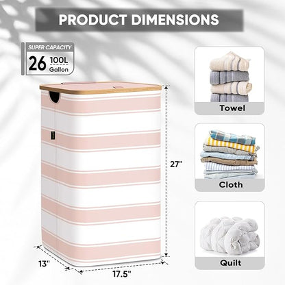 BALEINE Laundry Hamper with Lid, Tall Laundry Baskets with Bamboo Pull Handles