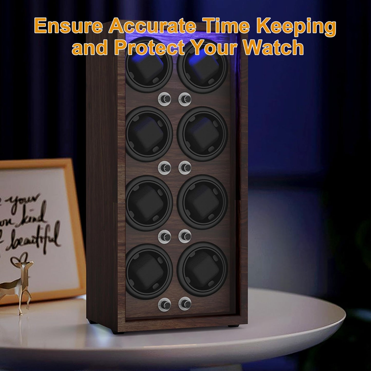 Domivans Watch Winder for Automatic Watches,8 Wooden Watch Rotating Case with LED Light,4 Rotation Modes, Elastic Watch Pillows Quiet Mabuchi Motor