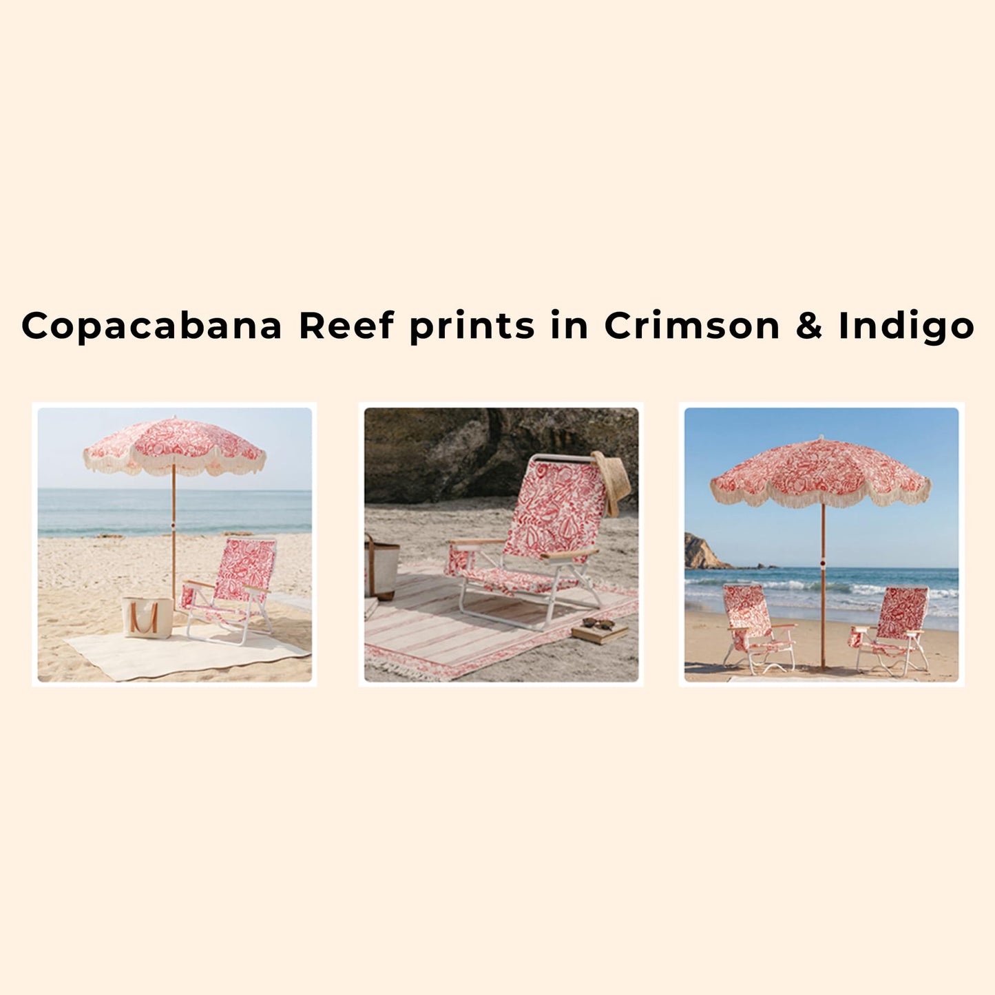 DEER LAND 5-Position Low Beach Chair, Portable Lightweight Folding Beach Chair with Wooden Armrests, Storage Pouch & Carry Strap, Coastal Beach Print – Reef Crimson
