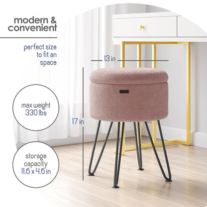 STORAGEBUD Round Ottoman with Storage, Boucle Storage Ottoman, Foot Stool Ottomans, Makeup Vanity Stool, Small Ottomans Foot Rest, Modern Vanity Stools for Living Room and Bedroom, Pink