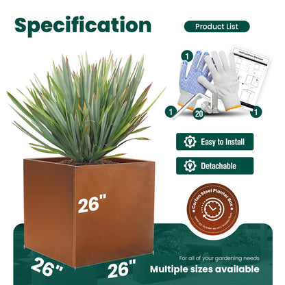 GZGNEEVL Corten Steel Planter Box Metal Square Planters 26 Inch Steel Large Outdoor Planter Tall Plant for Commercial Residential Patio and Backyard