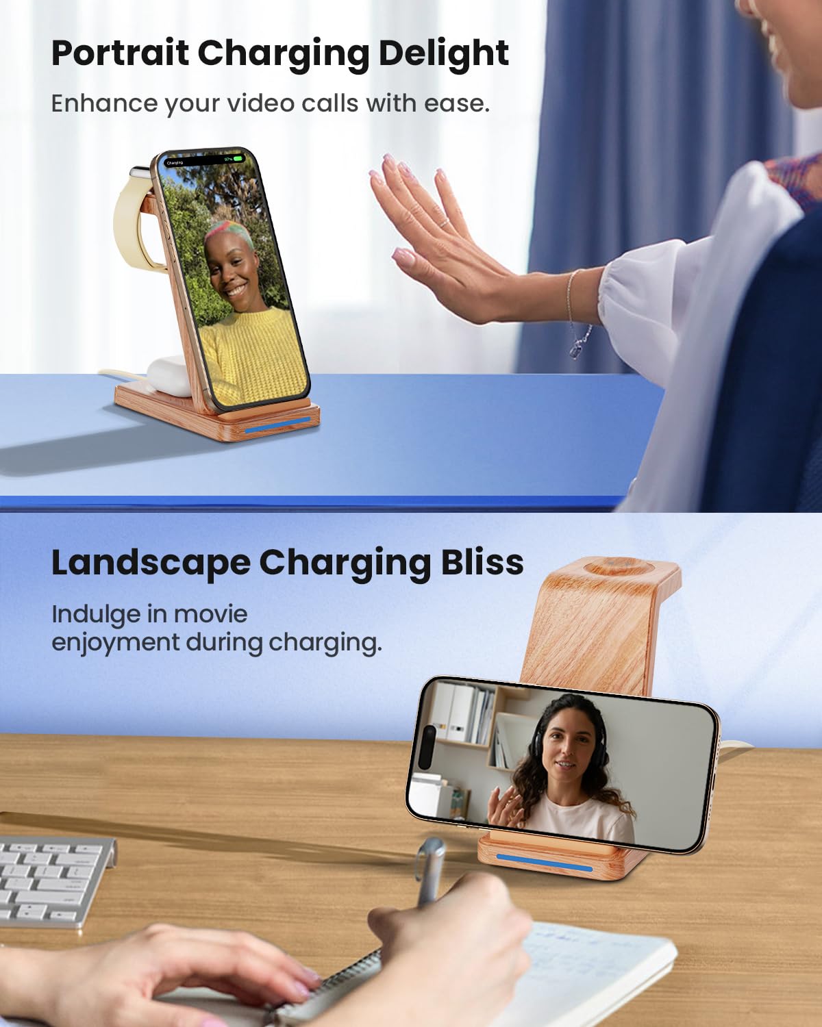 CIYOYO Wireless Charging Station, 3 in 1 Wireless Charger Stand for Multiple Apple Devices, Charging Dock for iPhone 16 15 14 13 12 11 Pro Max XS 8, Apple Watch 8 7 6 SE 5 4 3 2, 3/2/Pro, Wood