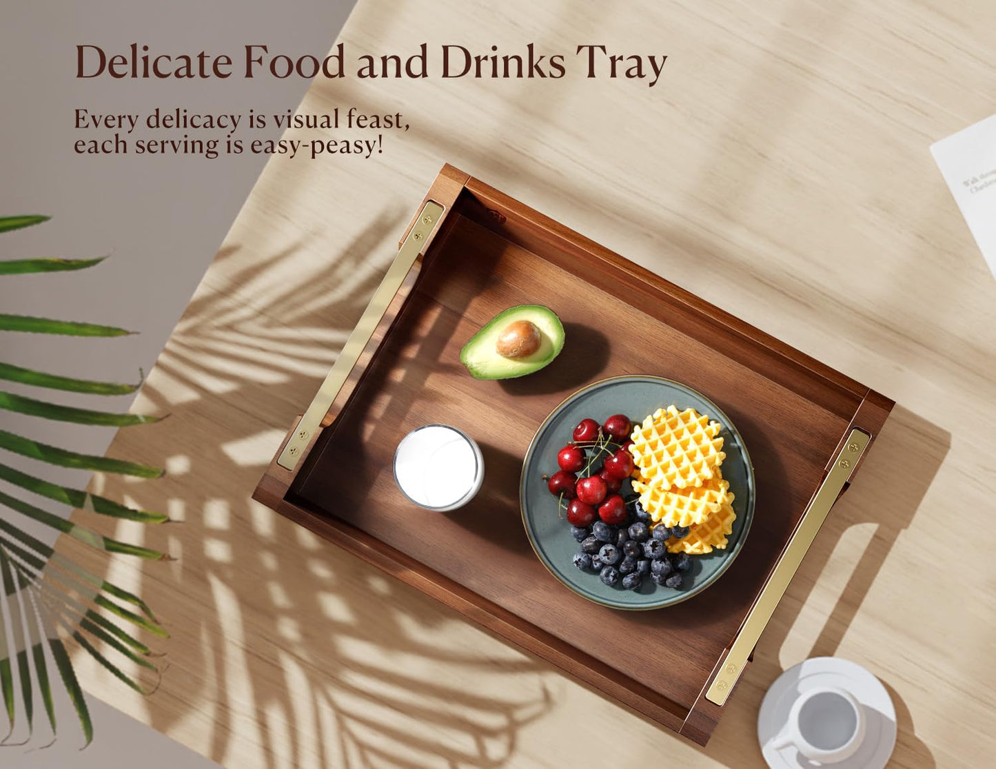 Dofira Acacia Wood Serving Tray with Metal Handles, 17x13in Large Ottoman Tray, Food Drinks Tray for Coffee Table, Breakfast, Dinner & Bar, Rustic Decorative Tray for Kitchen, Bedroom Gift Box