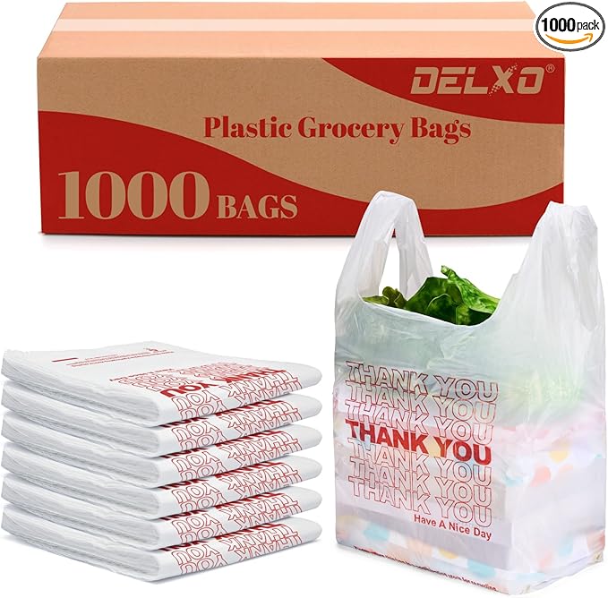 Delxo Grocery Bags Thank You Plastic T-Shirt Bag, To Go, Convenience Stores