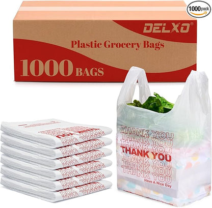 Delxo Grocery Bags Thank You Plastic T-Shirt Bag, To Go, Convenience Stores