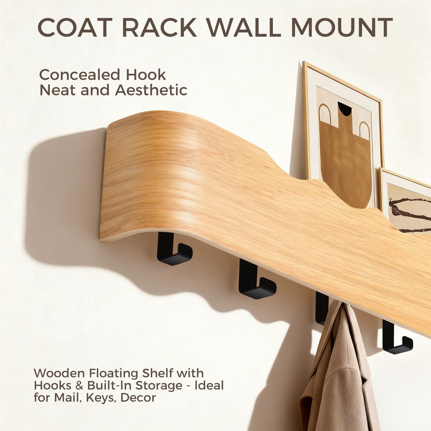 Coat Rack Wall Mount with Shelf Entryway Shelf Modern Key Holder Hanger Wall Shelves with Hidden Hooks for Hanging Towels Coats Hats Bags for Hallway Bathroom Bedroom(Wavy Oak, 5 Hooks)
