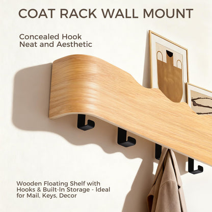 Coat Rack Wall Mount with Shelf Entryway Shelf Modern Key Holder Hanger Wall Shelves with Hidden Hooks for Hanging Towels Coats Hats Bags for Hallway Bathroom Bedroom(Wavy Oak, 5 Hooks)
