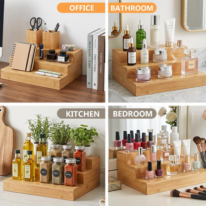 Ama Poem Bamboo 3-Tier Step Spice Organizer 2 Pack, Space-Saving Countertop Spice Rack for Kitchen Cabinet & Pantry, No-Assembly Needed Seasoning Storage Holder Fitting Jars, Bottles & Cans