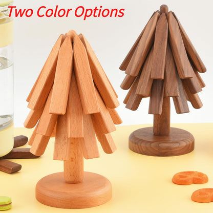 Wooden Tree Trivets for Hot Dishes, Tree Coasters Set for Hot Pot, Bowl, Teapot – 3 Wood Trivets + 1 Stand (Black Walnut, Color Box)