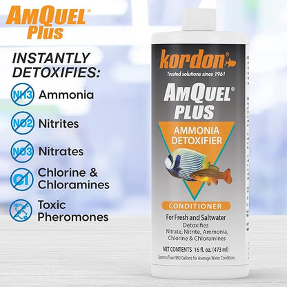 Kordon AmQuel Plus Aquarium Water Conditioner - Instantly Detoxifies Ammonia, Nitrite, Nitrate, and Chlorine Remover for Freshwater & Saltwater Aquariums, 16 Ounces