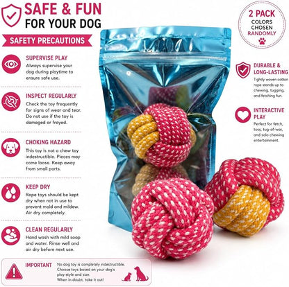 Cotton Rope Dog Ball Toy – Durable Braided Chew & Fetch Ball for Small to Medium Dogs – Natural Teeth Cleaning, Random Colors (Random Pink)
