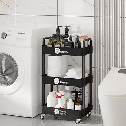 Laiensia 3-Tier Storage Carts,Multifunction Utility Rolling Cart Kitchen Storage Organizer,Mobile Shelving Unit Cart with Lockable Wheels for Bathroom,Laundry,Living Room,With Classified Sticker,Black