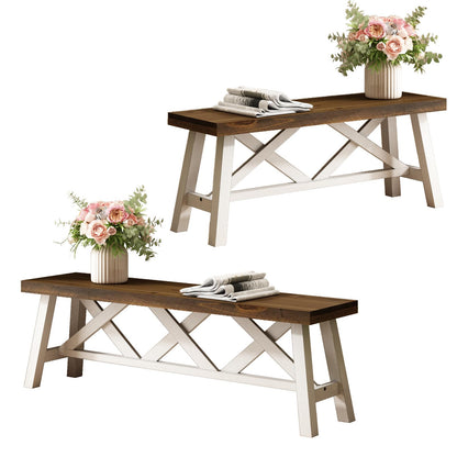 Wnutrees 43"& 54" Farmhouse Wood Bench (2 PCS), Rustic Solid Wood Entryway Benches Seat with Double X-Structure for Dining Area Living Room Hallway White