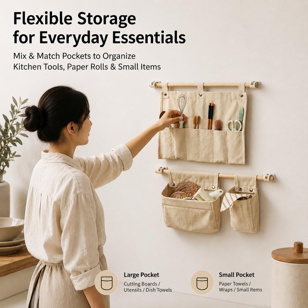 Viscrenox No Drill Canvas Wall Organizer with Mounting Clips, Hanging Pocket Organizer with Wooden Rod, Fabric Wall Storage for Bedroom, Bathroom, Entryway(Large)