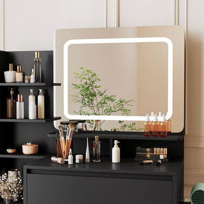 Vanity Desk with Mirror and Lights - 36" Vanity Table Set with 4 Drawers, Power Outlet, USB Ports, Stool, Dressing Table with 3 Lighting Color Adjustable for Bedroom, Women,