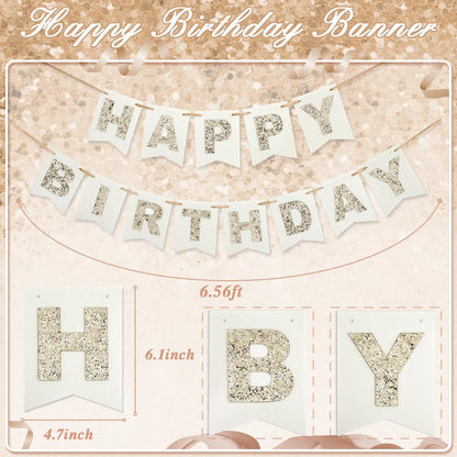 Felt Happy Birthday Banner with Glitter Letters, Cream White Boho Groovy Garland, Reusable Gold Glitter Sign, Thick Felt Bunting Decor for Sweet 16 21st 30 40 50 60 70 Birthday Party