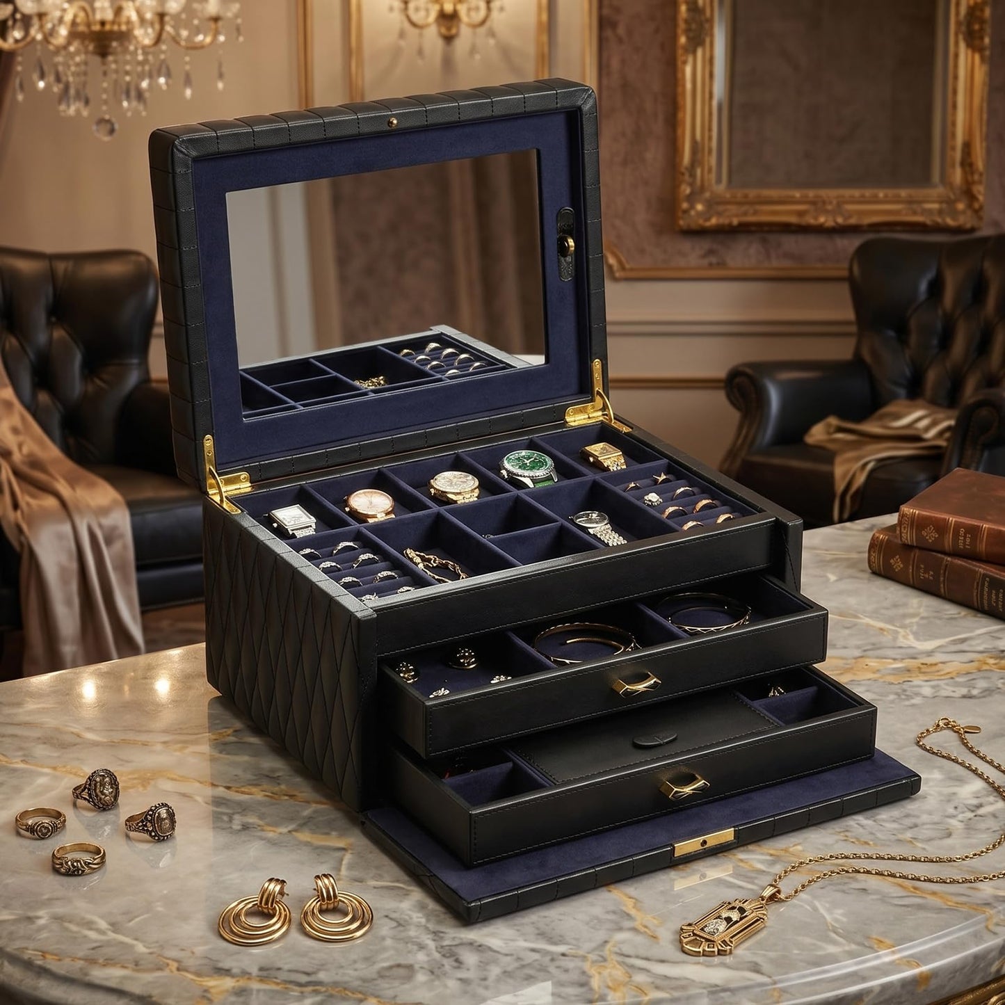 Homruilink Genuine Leather Jewelry Box - 3 Layer Large Jewelry Organizer with Mirror, Lockable Jewelry Box for Women - Necklace, Ring, Earring Organizer with Drawer - Fathers Day Gift (Black)