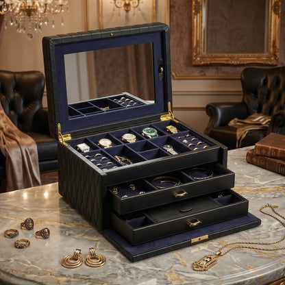 Homruilink Genuine Leather Jewelry Box - 3 Layer Large Jewelry Organizer with Mirror, Lockable Jewelry Box for Women - Necklace, Ring, Earring Organizer with Drawer - Fathers Day Gift (Black)