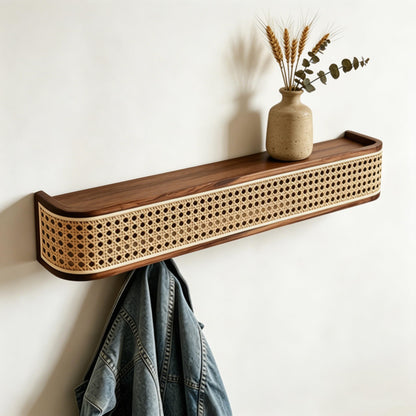 Shamgzuu Coat Rack wall Mount,Rattan Design with Shelf Hidden Hooks, Rustic Perchero De Pared, Entryway Hooks, Key Towel Dog Leashe Jacket Hanger Wall Mount, Walnut (9 Hook 32.28"*3.15"*3.94")