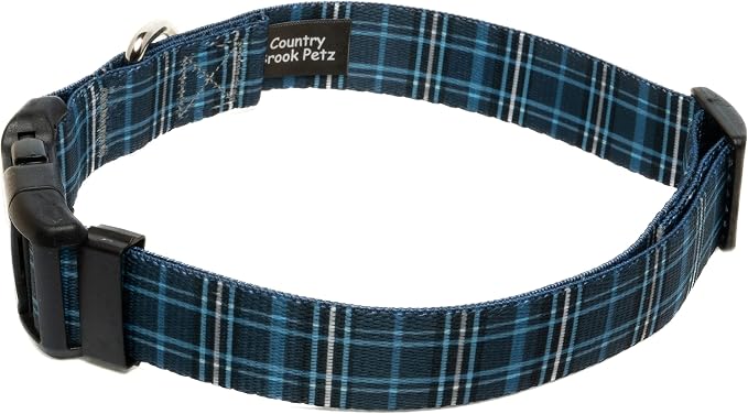 Country Brook Petz - Navy Plaid Everyday Dog Collar and Leash - Plaid and Argyle Collection Featuring Charming Designs (5/8 Inch, Small)