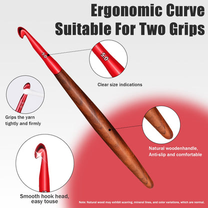 Giwrmu Crochet Hook Set, 5 Pcs Ergonomic Crochet Hooks, Colored Aluminum Crochet Hook with Wooden Handle for Arthritic Hands Knitted Dolls, Gloves, Sweaters, Blankets - 3.0mm/3.5mm/4.0mm/4.5mm/5.0mm