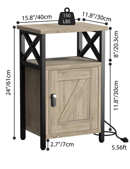 runjuly Wooden Nightstand with Lock, Bed Side Table with Drawers, Bedside Table with Charging Station, 3 USB & 2 Outlets, Night Stand with Cabinet, End Tables for Bedroom, Greige