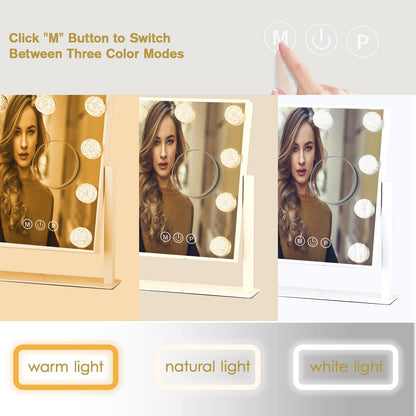 Lighted Makeup Mirror Hollywood Mirror Vanity Mirror with Lights, Touch Control Design 3 Colors Dimable LED Bulbs, Detachable 10X Magnification, 360°Rotation, (White) 12" L x 14" W
