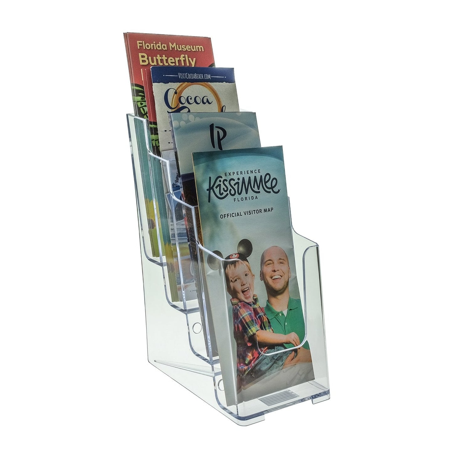 SOURCE ONE Premium Brochures Holder for 4” Trifold Booklets – 4-Tier – Clear Acrylic Countertop Organizer