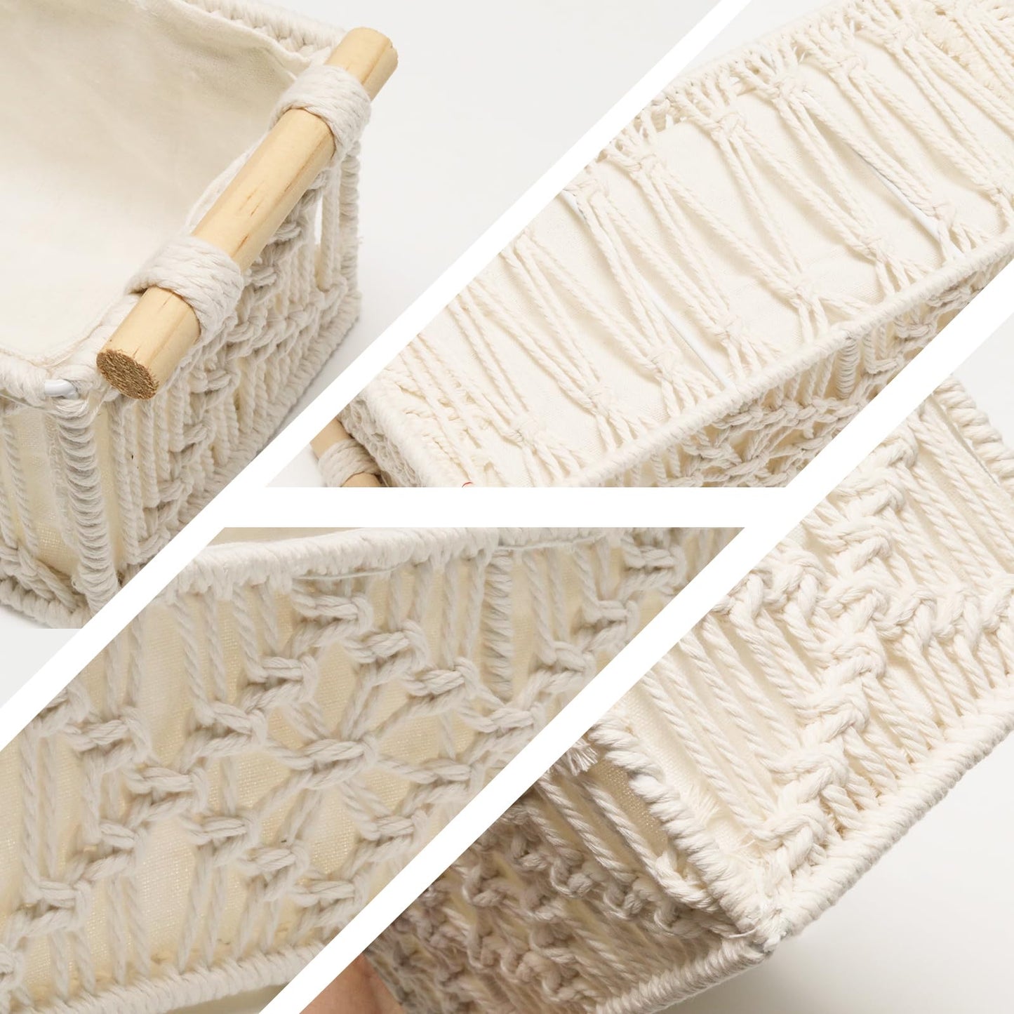 WINDAWNKE 2 Pack Macrame Storage Baskets Boho Decor Style Storage Boxes, Toilet Paper Basket with Wood Handles for Home Bedroom Decor (Rhombus)
