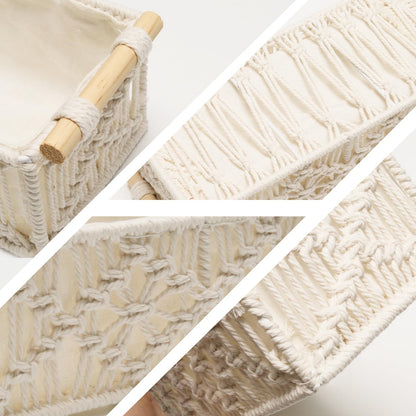 WINDAWNKE 2 Pack Macrame Storage Baskets Boho Decor Style Storage Boxes, Toilet Paper Basket with Wood Handles for Home Bedroom Decor (Rhombus)
