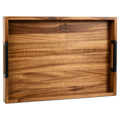 Large Ottoman Tray for Living Room and Coffee Table, Decorative Acacia Wood Serving Tray with Metal Handles for Breakfast in Bed, Dinner Food Kitchen TV (Natural, 20" x 14" x 2")