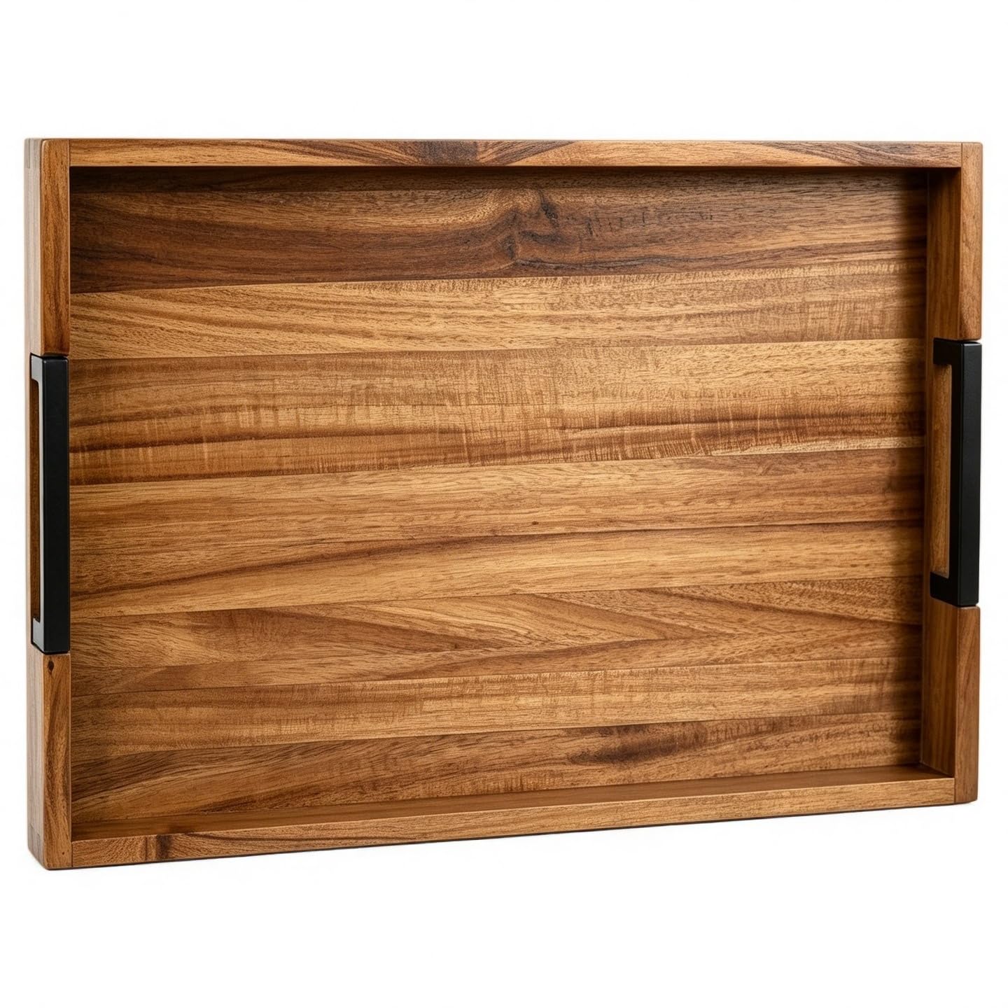 Large Ottoman Tray for Living Room and Coffee Table, Decorative Acacia Wood Serving Tray with Metal Handles for Breakfast in Bed, Dinner Food Kitchen TV (Natural, 17" x 13" x 2")