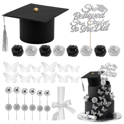 35 Pcs Graduation Cake Toppers Class of 2026 Graduations Cap Diploma She Believed She Could Beads Flowers Butterfly Cake Decorations for 2026 Graduation Party Supplies