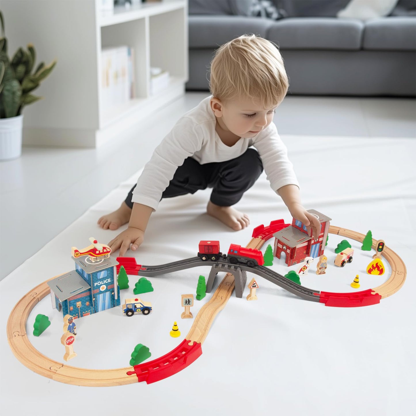 WoodenEdu Wooden Train Set for Toddler - 60 Pcs- with Wooden Tracks fits Thomas, fits Brio, fits Chuggington, fits Melissa and Doug - Expandable, Changeable-Train Toy for 3 4 5 Years Old Girls & Boys