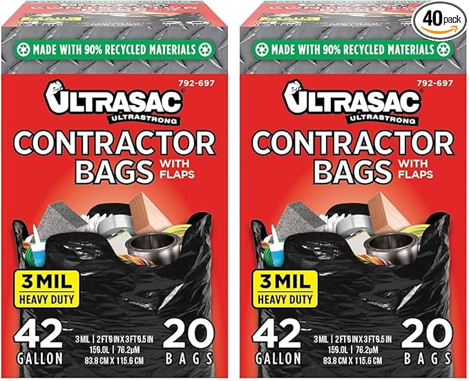 Ultrasac Contractor Bags 42 Gallon, 32.75 x 44.5-3 MIL Thick Large Black Heavy