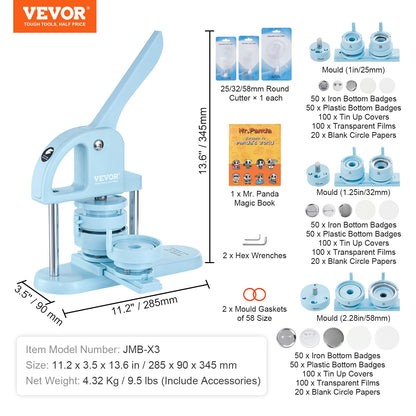 VEVOR Button Maker, 1/1.25/2.28 inch(25/32/58mm) 3-in-1 Pin Maker, 300pcs Button Parts, Ergonomic Arc Handle Punch Press Kit, Button Maker Machine with Panda Magic Book, for Children DIY Gifts, Blue