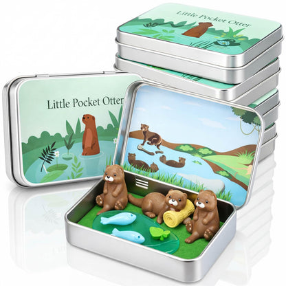 Lewtemi 6 Set Pocket Otter DIY Miniature Landscape Kit 3 Cute Otter Figurines Portable Tin Box Travel Companion Ideal Gift for Animals Lovers Friends Coworkers Nature Fans Desk Decor