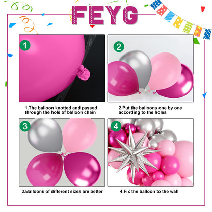 Pink and Silver Balloon Arch Kit, 120PCS Pastel Pink Hot Pink silver 4D Star balloons for girl for Baby Princess Theme Party Birthday Girl Baby Shower Anniversary Wedding 2025 graduation
