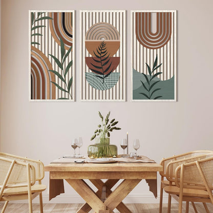 IARTTOP Large Boho Wood Wall Art 16x32 Inch Mid Century Modern Bohemian Wooden Wall Decor Brown Minimalist Geometric Plant Decor for Bedroom Living Room Dining room Set of 3