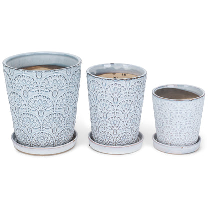 Napco Embossed Scallops White Ceramic Flower Pot Planter with Saucer Set of 3