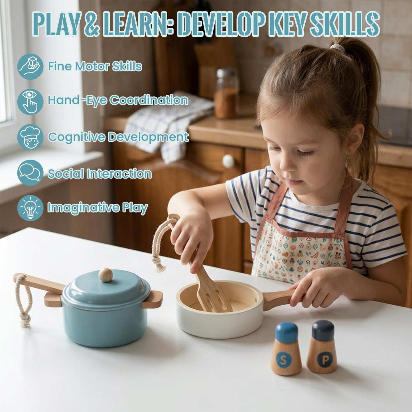 WoodenEdu Premium Toddler Play Kitchen Toys, Wooden Kitchen Utensils, Accessories for Pretend Play Kitchen Set, Montessori Learning Toy, Pretend Cooking Playset, Gift for 3+