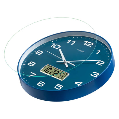 TIMESS Wall Clock, 14" Large Dial Non-Ticking Silent Battery Operated Analog with LCD Display for Perpetual Calendar and F° Temperature, Ideal Modern Home, Bedroom, Kitchen, Office Decor (Blue)