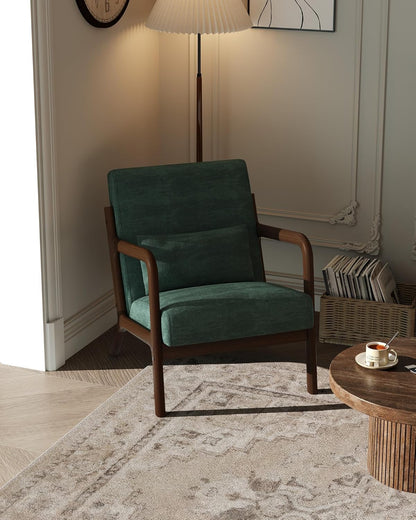 PeacefulHues Corduroy Accent Chair,Mid-Century Modern Wooden Accent Chair with Wood Legs,Comfy Upholstered Reading Leisure Chair for Living Room Bedroom Waiting Room,Green