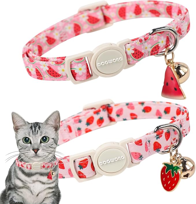 2 Pack Pink Cat Collars - Spring Summer Breakaway Cat Collar with Bell, Adjustable Cute Pink Plaid Kitten Collars for Girl Cats, 7-12 Inch